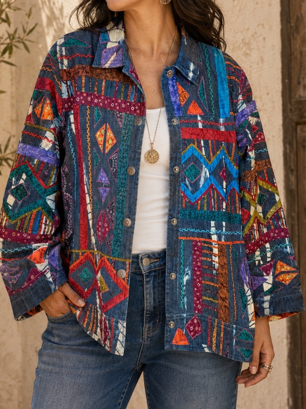 Chico’s Design Vintage Silk Applique Patchwork Denim Jacket Boho Sz 2 L Aztec
